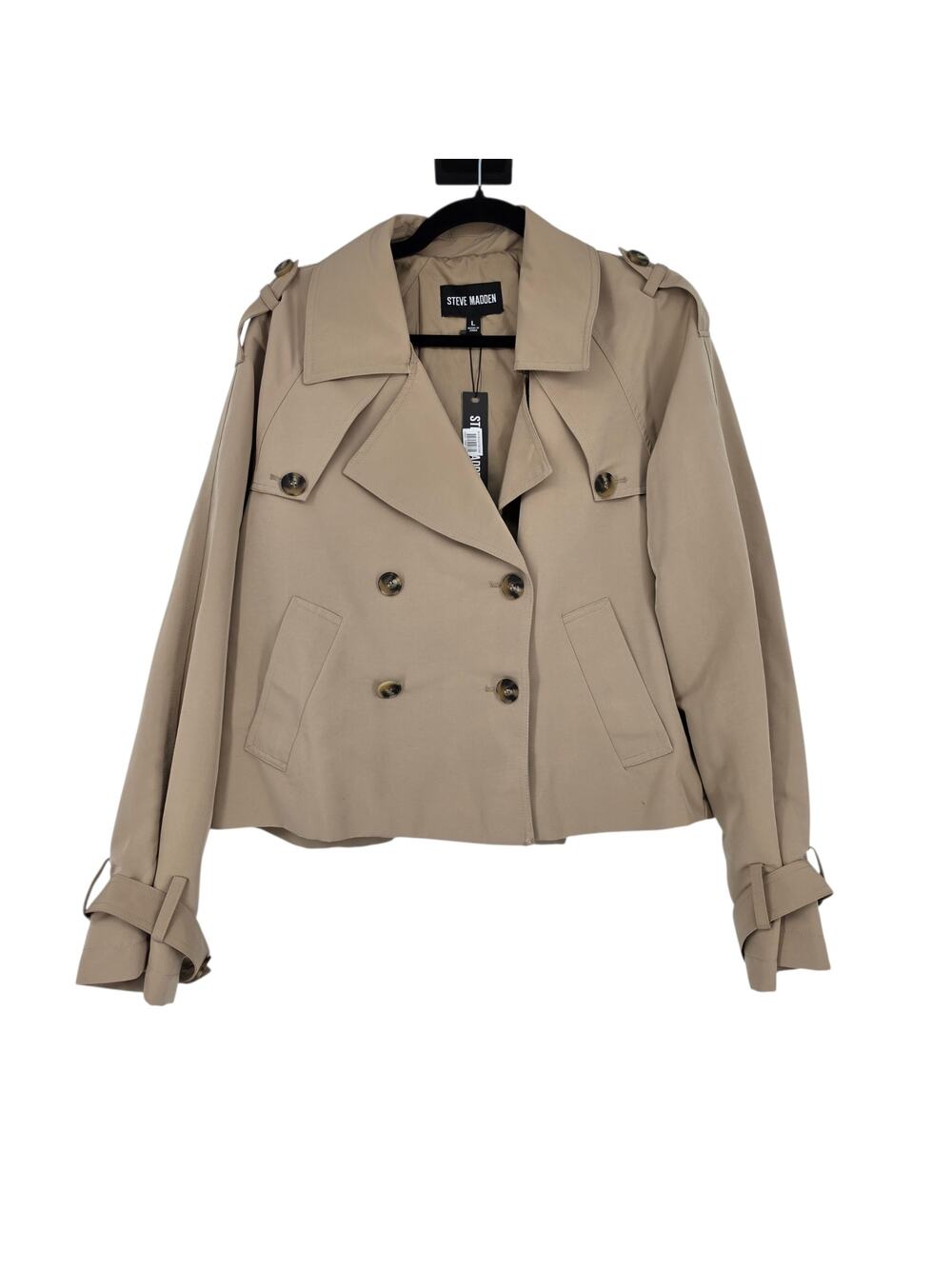 NWT Steve Madden Khaki Sirus Double-Breasted Button Cropped Trench Jacket Size L